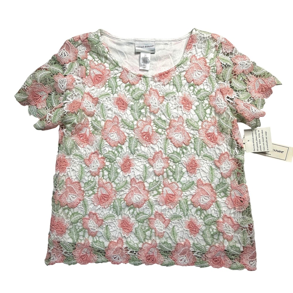 Alfred Dunner Petite Floral Lace Short Sleeve Blouse Pink Green White PS NWT